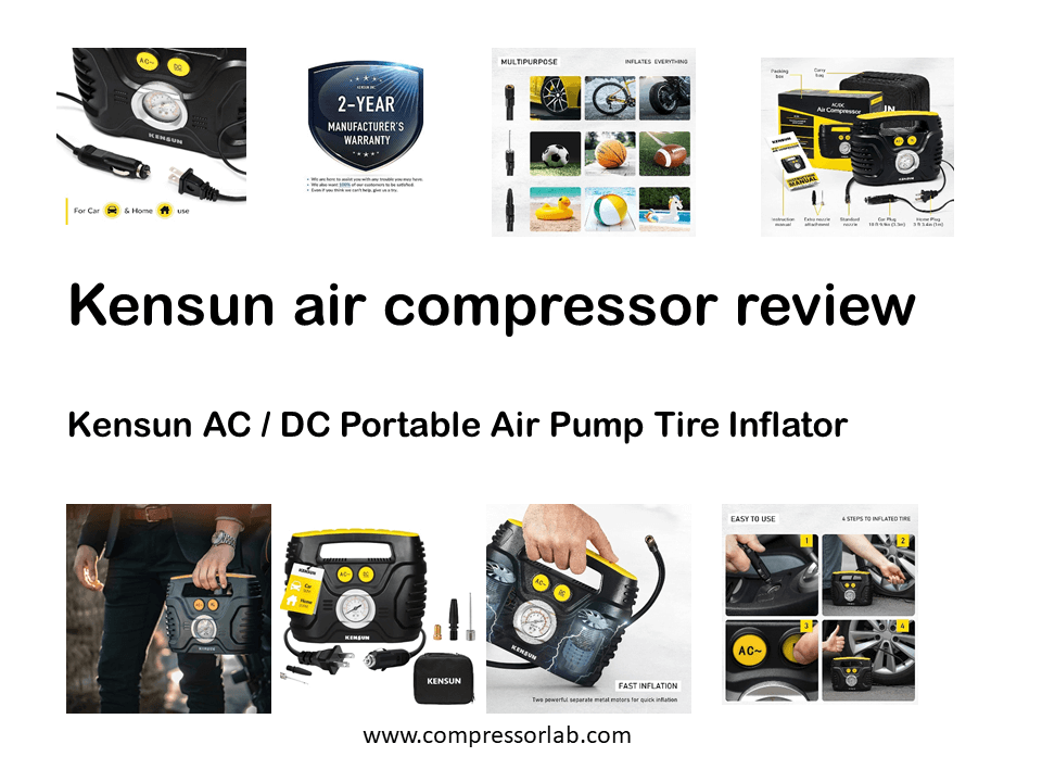 Specifications: • Product Name: Portable AC / DC Air Pump Tire Inflator • Product Brand: Kensun • Launch date: July 28, 2016 • Weight: 4.02 pounds • Product Dimensions: 11.8 x 4.3 x 6.7 inch. • Warranty: Two-year • Item model number: Kensun-EHRComp-A58B • Cable length: 19in (48cm)