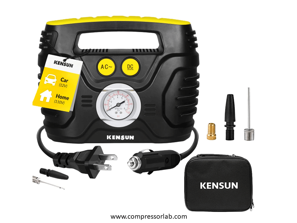 Kensun AC / DC Portable Air Pump Tire Inflator If you want a portable air compressor that works in your car and at home, the Kensun Portable Tire Inflator is your best option. The portable air compressor pump is a fantastic company to employ—easily transportable portable pump compressors. Also, many drivers take one while traveling on their long trips, especially when they travel for smaller distances. It also helps homeowners with their garage. There are dozens of portable air compressor manufacturers in the market.