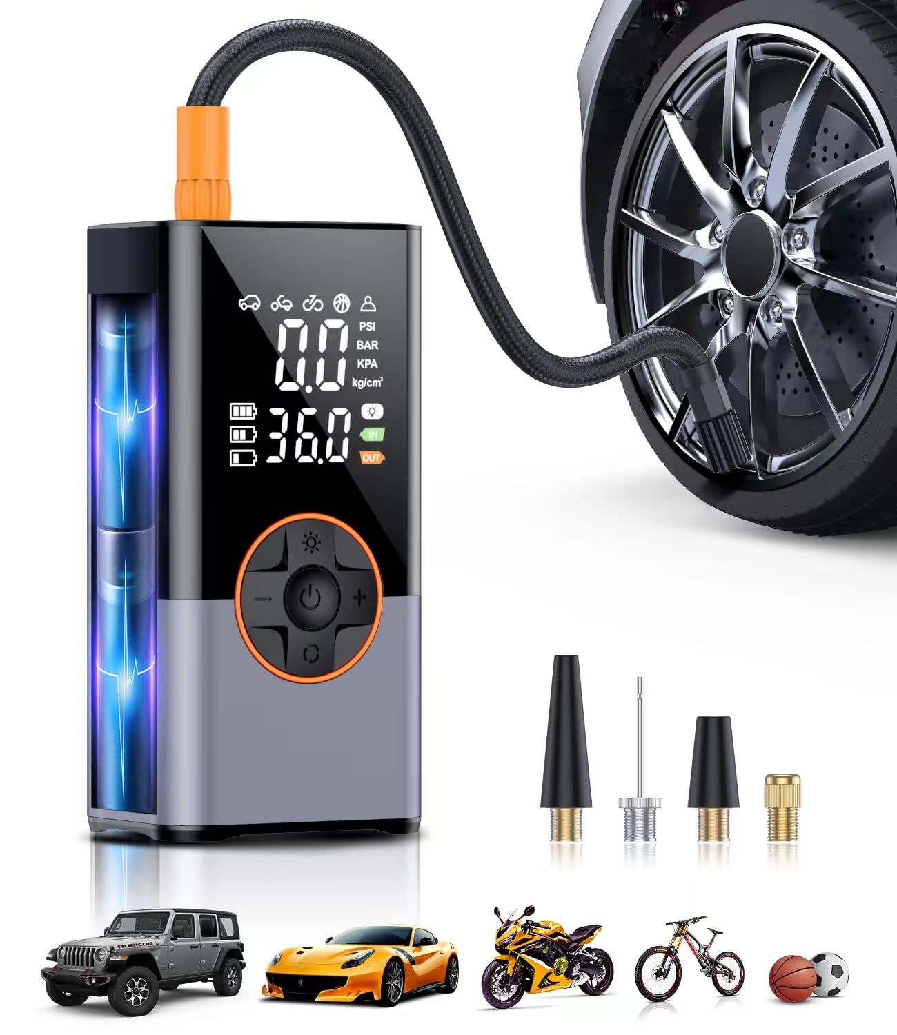 Portable Tire Inflator Air Compressor - 150 PSI, Digital Display, Auto Shut-Off, 6000mAh Battery, LED Light For Cars, Bikes, Balls
